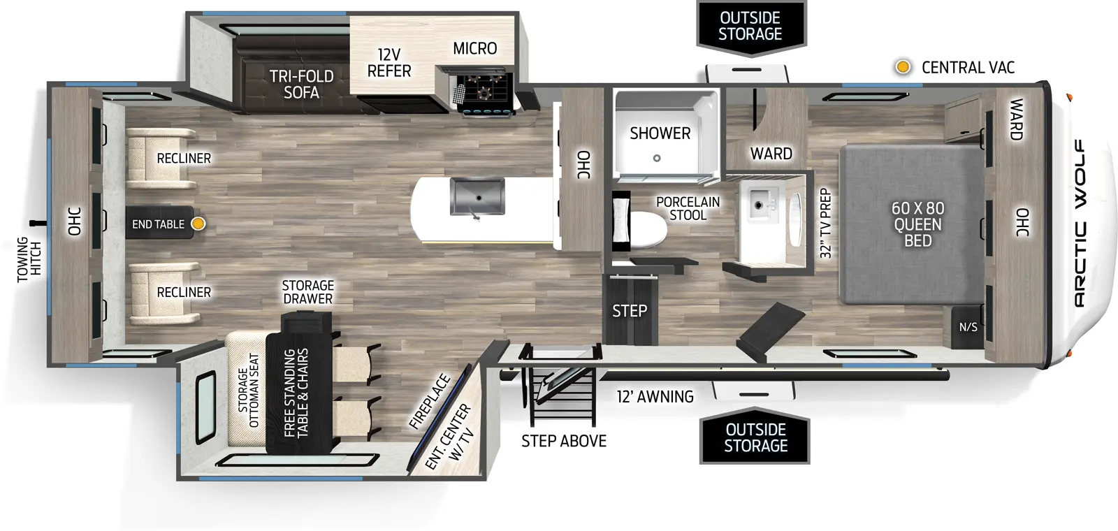 The 27SGS has two slideouts and one entry. Exterior features outside storage, step above entry step, 12 foot awning, and rear towing hitch. Interior layout front to back: foot-facing queen bed with overhead cabinet and off-door side wardrobe; off-door side full bathroom with medicine cabinet, porcelain stool, and shower caddy; door side steps down to main living area and entry; peninsula kitchen counter with sink wraps to inner wall with overhead cabinet; off-door side slideout with cooktop, microwave, 12 volt refrigerator, and tri-fold sofa; door side slideout with angled entertainment center with fireplace below, and free-standing table with storage drawer, and chairs with storage ottoman seat; rear recliners with side table, overhead cabinet, central vacuum, and panovision window.